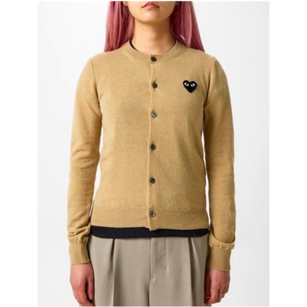 PLAY Comme des Garcons Tan Button Up Embroidered Black Heart Cardigan Designer S